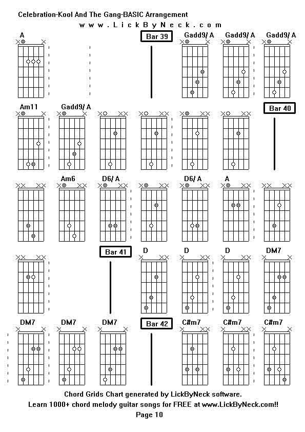 Chord Grids Chart of chord melody fingerstyle guitar song-Celebration-Kool And The Gang-BASIC Arrangement,generated by LickByNeck software.